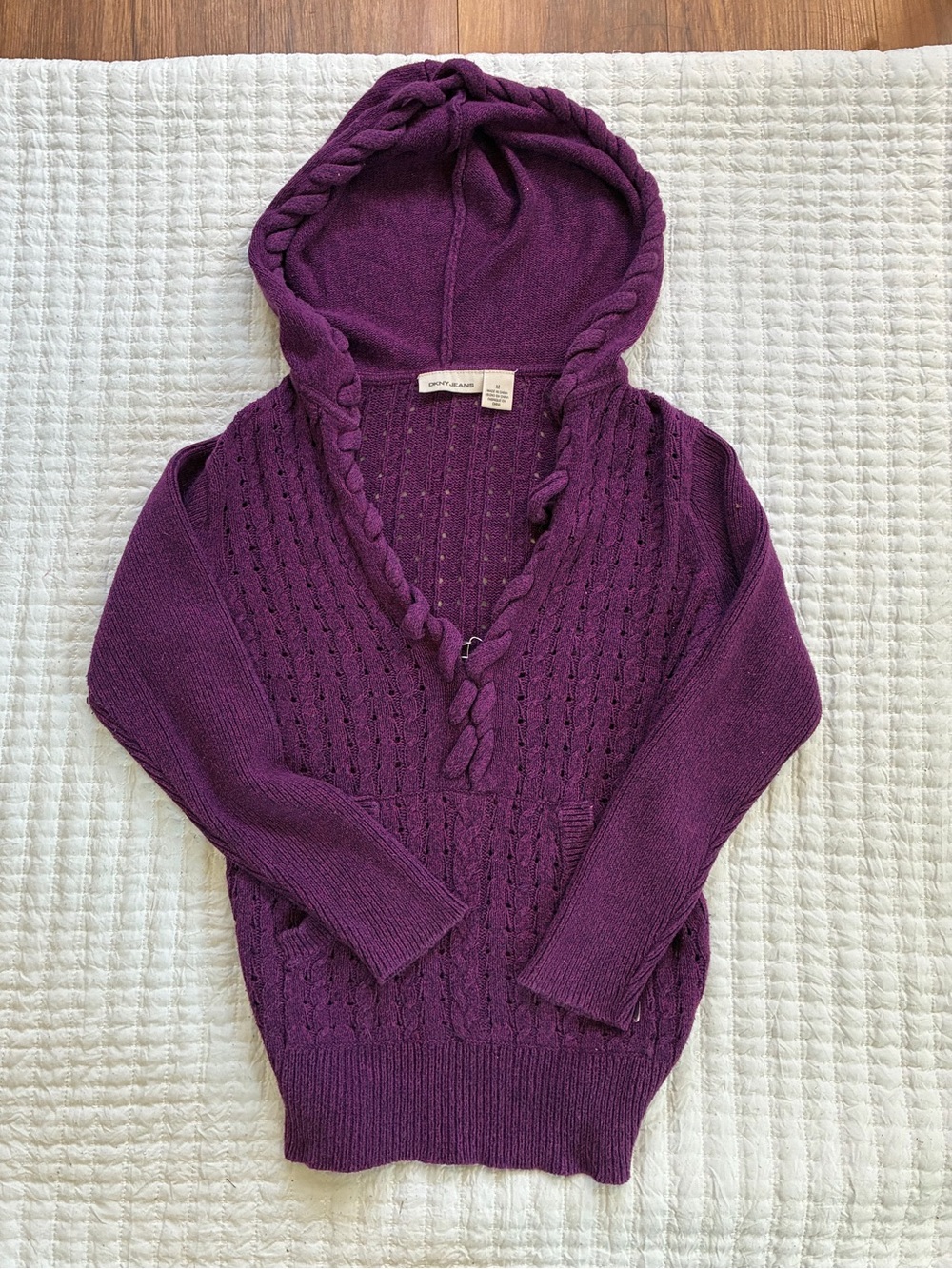 DKNY Y2K Grunge Style Purple Cable Knit Braided Trim Hoodie Sweater Womens M